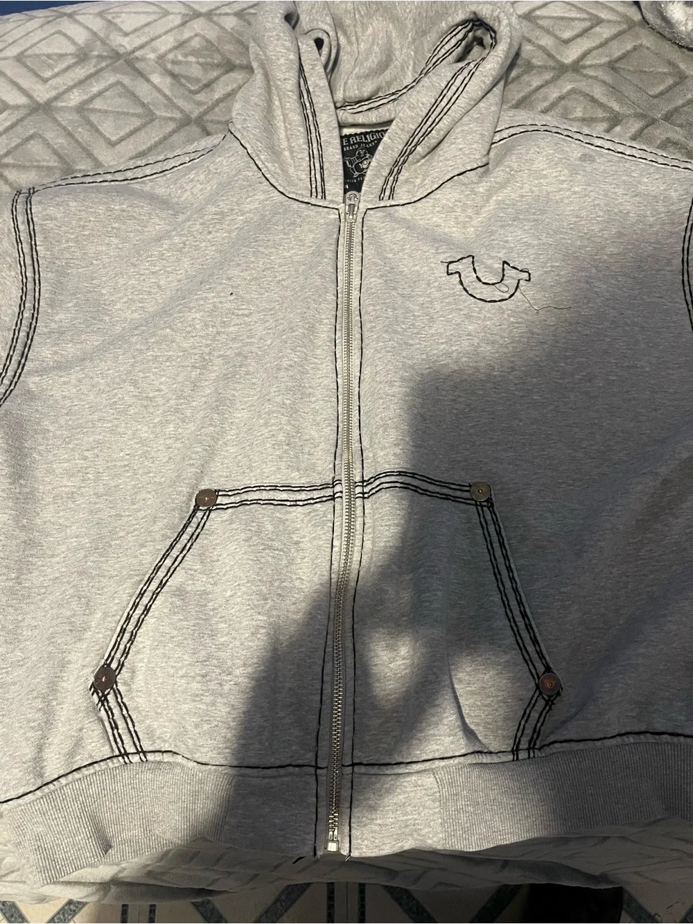 True Religion Gray and Black Graphic Puffer Jacket